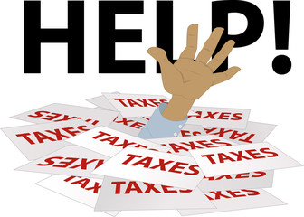 Person's hand sticking out of a pile of tax forms, word help on the background, EPS 8 vector illustration