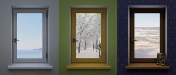 Three different windows. Three windows in the interior of different colors with different landscapes. 