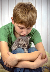 happy boy with kitten