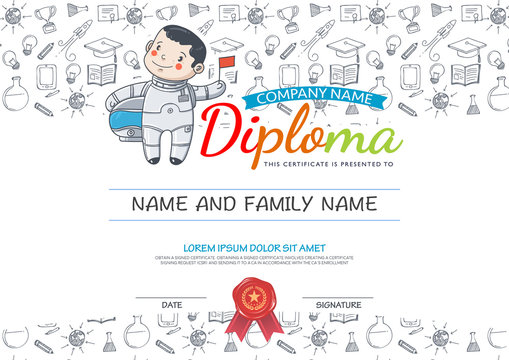 Preschool Elementary School Kids Diploma Certificate.