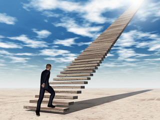 Conceptual 3D business man walking or climbing stair over sky