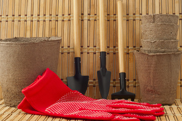 rakes, shovels, gloves and red peat pots for transplanting plant