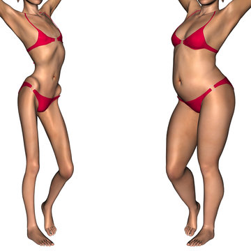Concept or conceptual 3D woman, girl as fat, overweight vs fit healthy