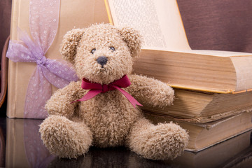 old bear and vintage old books