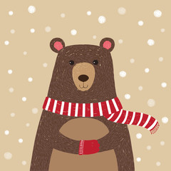 Naklejka premium Hand drawn of cute bear wearing red scarf