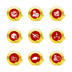 Fototapeta premium Gold circle and check mark with logistic and transport icons iso