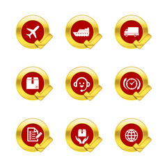 Gold circle and check mark with logistic and transport icons iso