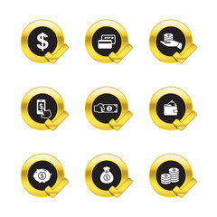 Gold circle and check mark withbusiness icons isolated on white