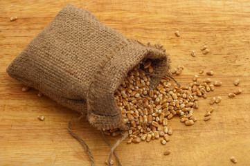 wheat groats in a canvas sack on wooden texture