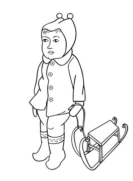 Baby girl stands with sled. Page to be color vector illustration. Contour for coloring book.