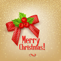 Christmas background with red bow and berry holly