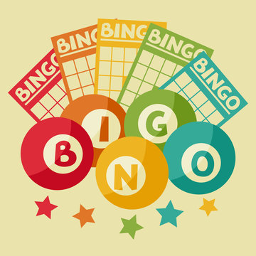 Bingo or lottery retro game illustration with balls and cards