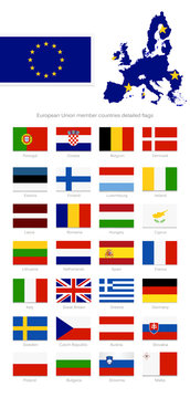 European Union countries member detailed flags.