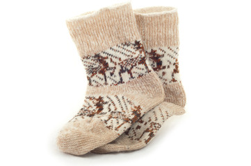 knitted warm winter socks with reindeer handmade woolen yarn
