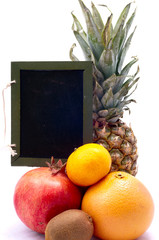 exotic fruits with a sign for the label