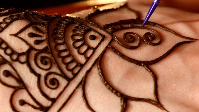 Woman hand decorated with henna tattoo, mehendi, on black, close up, cam moves top down