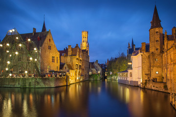 Fototapeta na wymiar Canal of Bruges at blue hour, Belgium