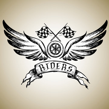 biker tattoo or emblem , hand drawn design elements.