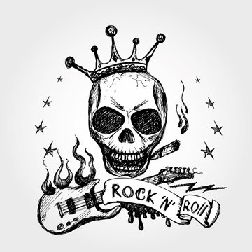 Rock and roll skull guitar . Hand drawing.