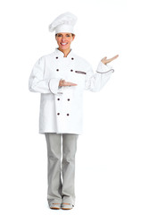 Chef woman presenting copy space.