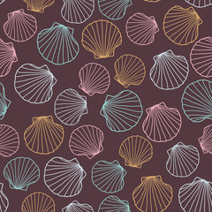 Seashell background. Abstract seamless pattern. Set of colorful starfishes. Endless ornament. Warm brown and pink. Can be used for wallpaper, pattern fills, web page background, surface textures.