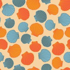 Seamless seashell template. Abstract pattern. Bright orange and green. Set of colorful starfishes. Endless ornament. Can be used for wallpaper, pattern fills, web page background, surface textures.