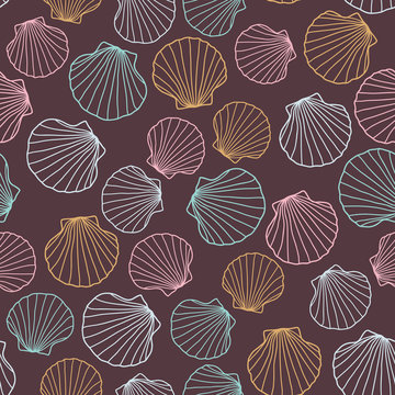 Seashell background. Abstract seamless pattern. Set of colorful starfishes. Endless ornament. Warm brown and pink. Can be used for wallpaper, pattern fills, web page background, surface textures.