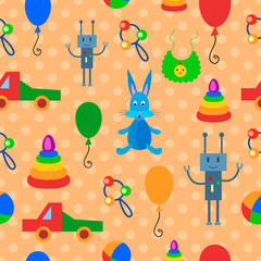 Colorful orange seamless pattern with toys.