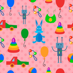  Colorful pink seamless pattern with toys.