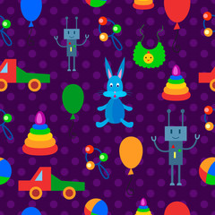 Colorful violet seamless pattern with toys