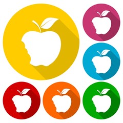 Bitten apple icons set with long shadow