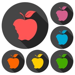 Bitten apple icons set with long shadow