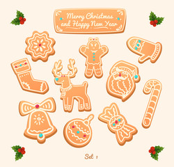 Gingerbread cookies on white background. Snowflake, star, man, angel, candy shapes