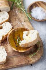 Fresh ciabatta with olive oil and rosemary. Italian bread.