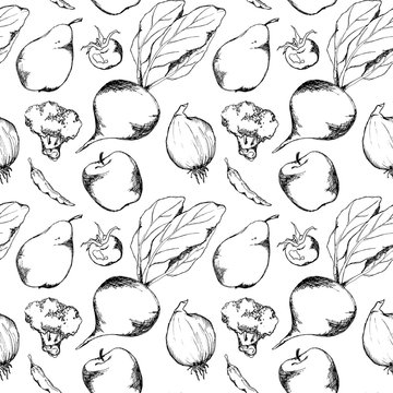 Vegetable fruit black and white monochrome ink hand drawn seamless pattern texture background