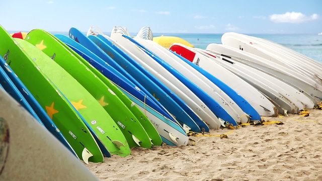 Close up of racks of surfboards at waikiki, hawaii