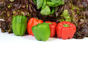 An assortment of peppers with salads and basil.