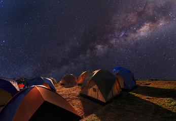 Camping on the top of the mountain under the clear milky way