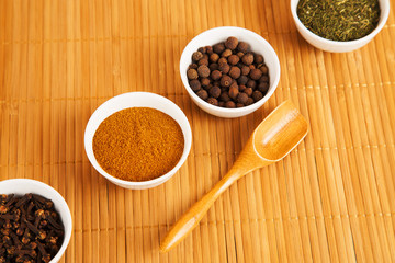 Spices on wooden table