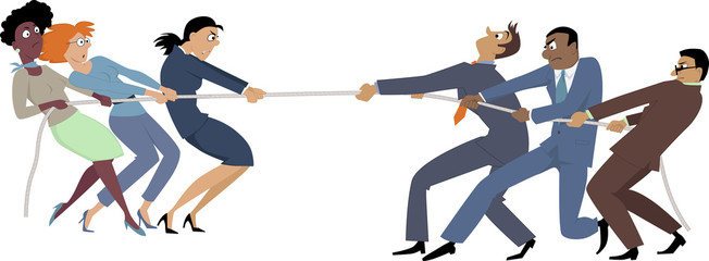 Businesswomen versus businessmen tug of war, EPS 8 vector illustration, no transparencies