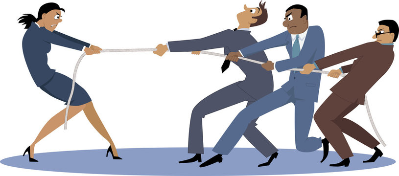 A businesswoman in tug of war with a group of male coworkers, EPS 8 vector illustration