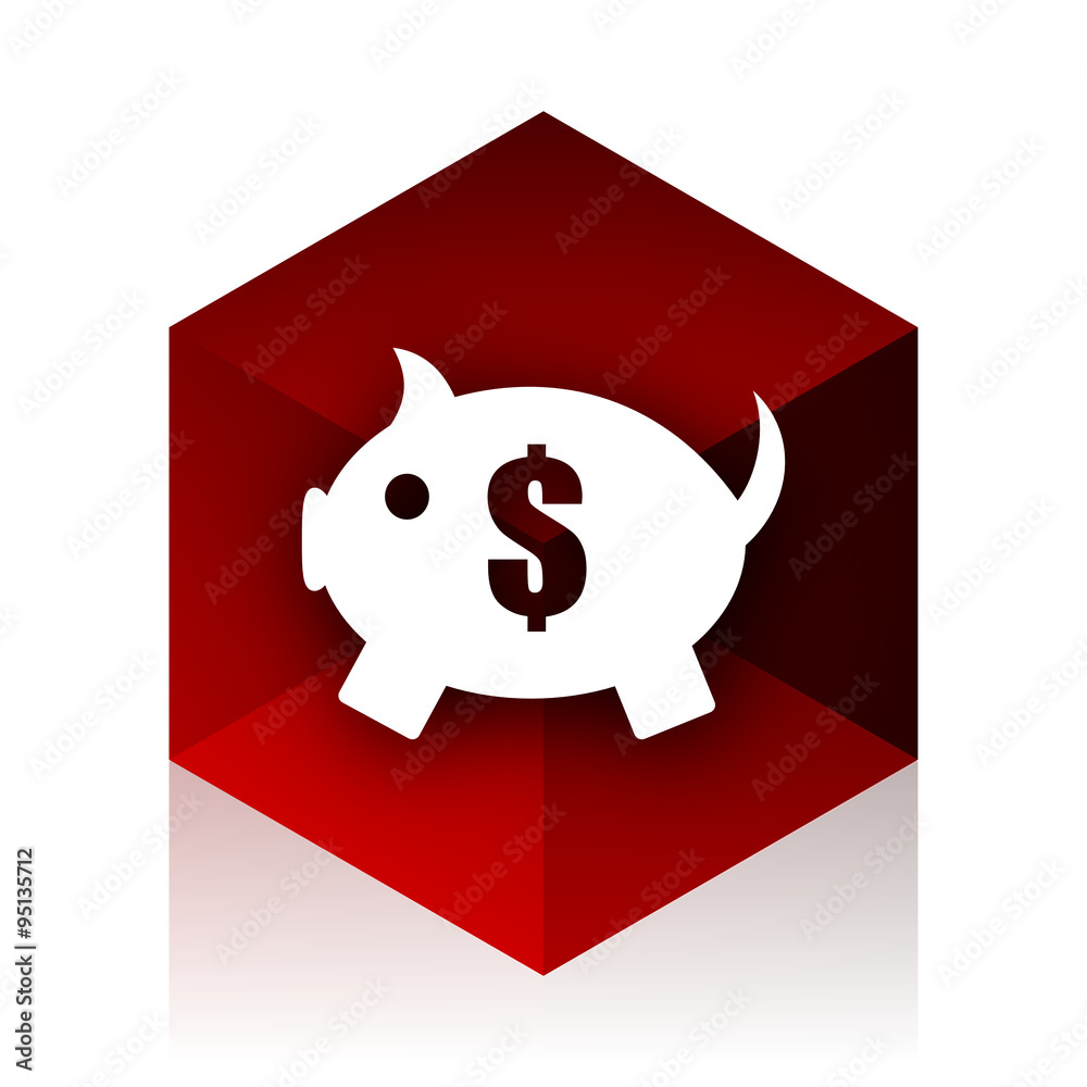 Poster piggy bank red cube 3d modern design icon on white background