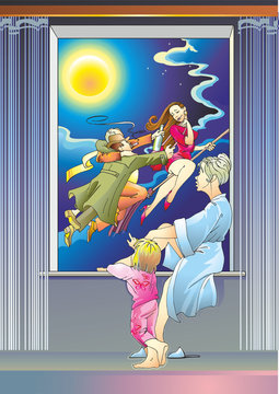 Lovelasy  мама с ребенком у окна в небе двое мужчин флиртуют с женщиной на метле
