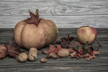 Pumpkin, apple, nuts, leaves on wooden background