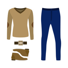 Set of trendy men's clothes with pants, pullover and accessories. Men's wardrobe. Vector illustration