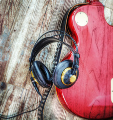 electric guitar and headphones in hdr