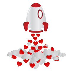 Rocket and hearts. Rocket taking off and freeing up hearts. Isolated. White background.