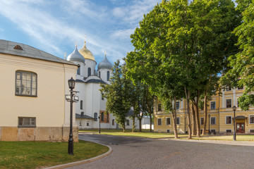 Fototapeta na wymiar Velikiy Novgorod. St. Sophia Cathedral and the architecture in the Novgorod Kremlin in the summer evening
