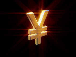 Obraz premium three-dimensional image of golden yen symbol among the colored rays