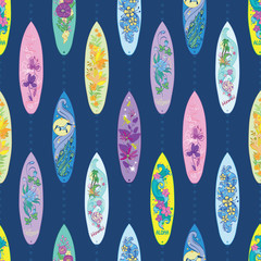 Vector Colorful Artistic Surf Boards Seamless Pattern. Vibrant Art Flowers